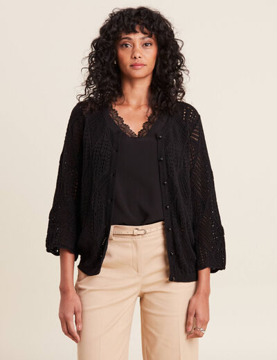 Gilet manches 3/4 ajouré noir femme