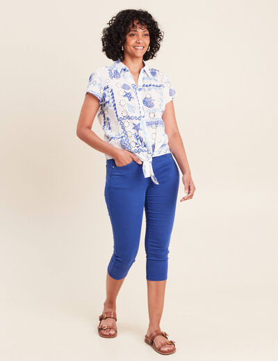 Chemisier ajust&eacute; manches courtes brod&eacute; bleu femme