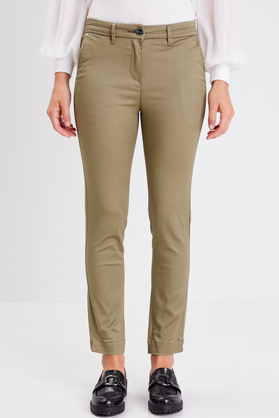 Pantalon ajusté enduit 7/8ème vert kaki femme