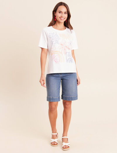 T-shirt col rond manches courtes brod&eacute; blanc femme