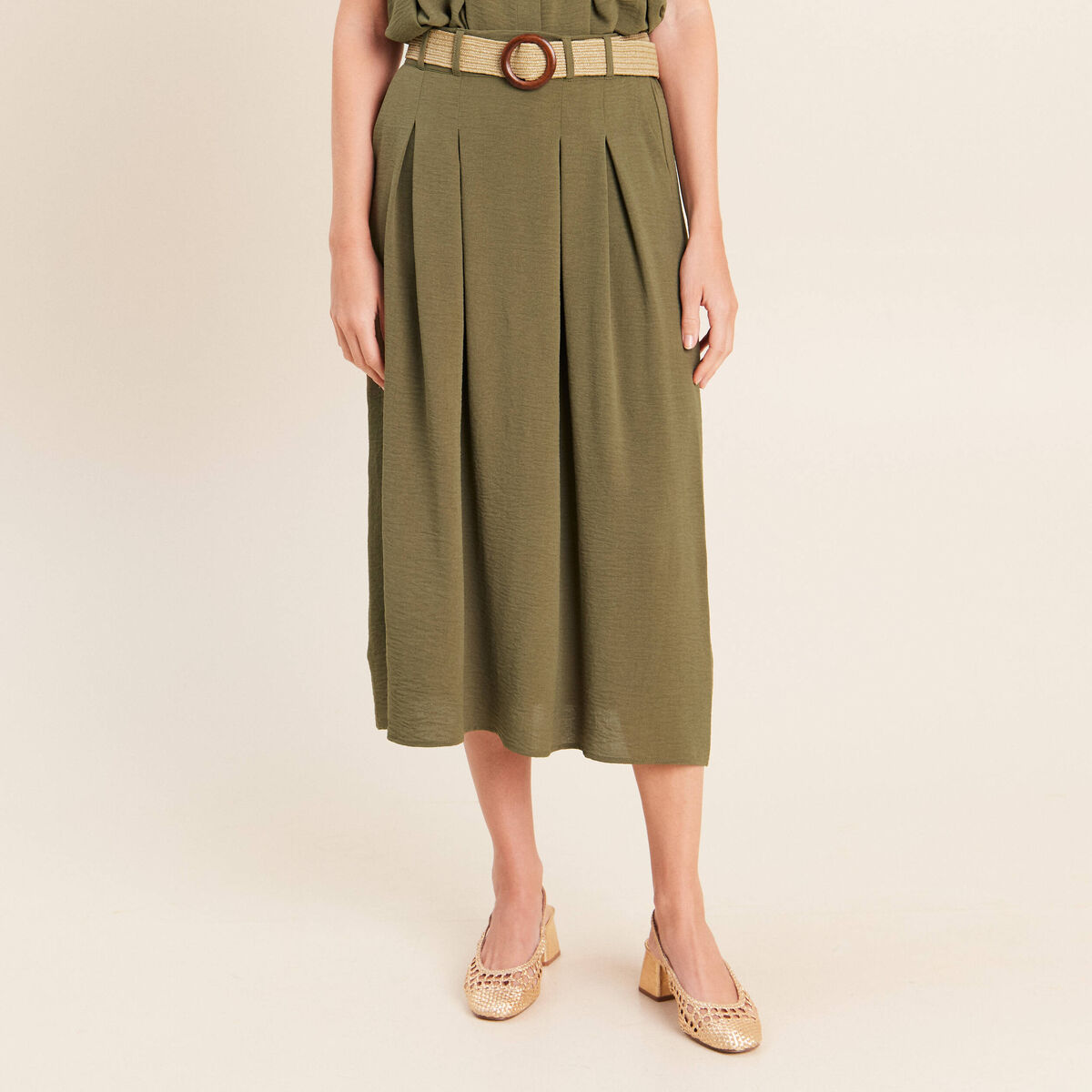 Jupe longue &eacute;vas&eacute;e ceintur&eacute;e vert kaki femme