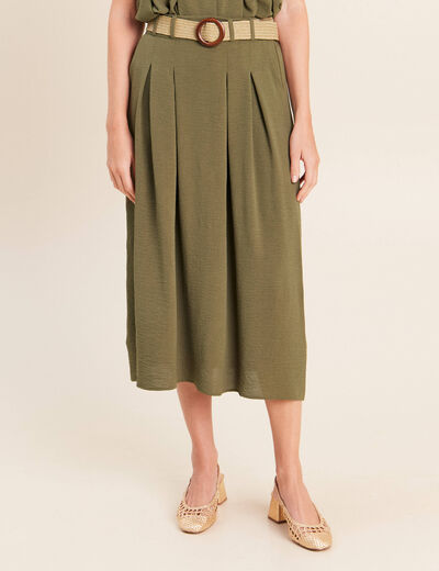 Jupe longue &eacute;vas&eacute;e ceintur&eacute;e vert kaki femme