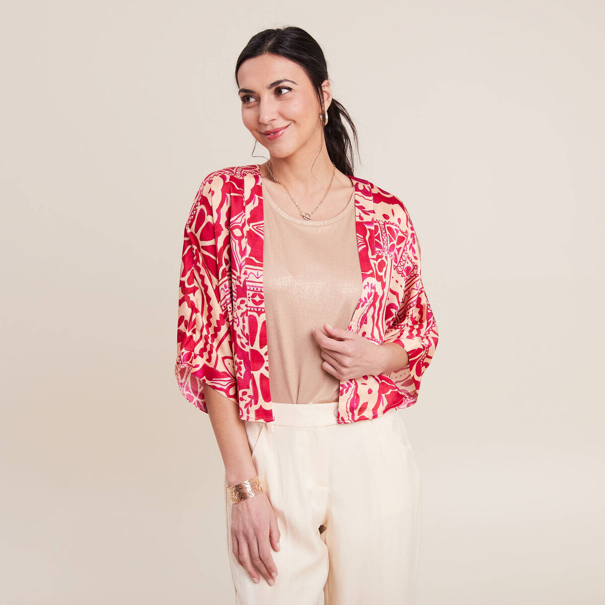 Kimono imprim&eacute; rose fushia femme