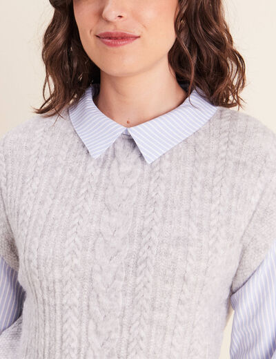 Pull bi-mati&egrave;re col chemise gris clair femme