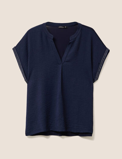 Blouse col tunisien manches courtes bleu foncé femme