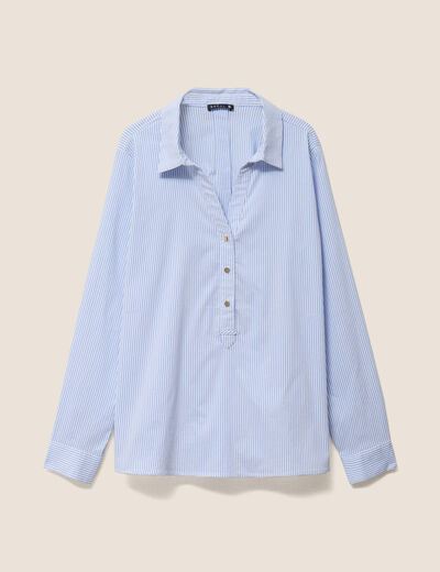 Blouse ample col chemise manches longues bleu femme