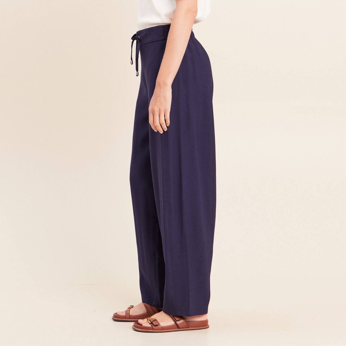 Pantalon large taille haute bleu marine femme