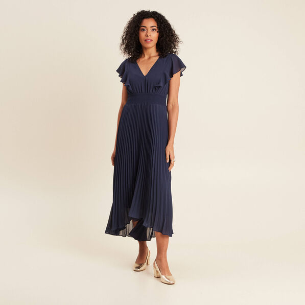 Robe longue évasée à volants bleu marine femme