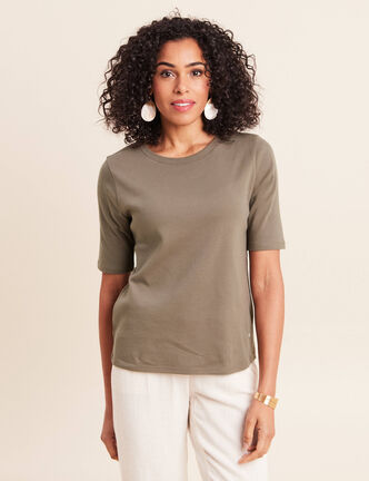 T-shirt ajust&eacute; col rond manches coudes vert kaki femme