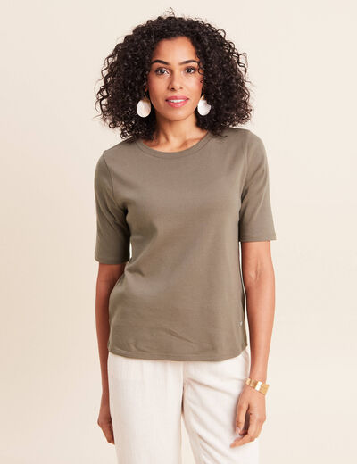 T-shirt ajust&eacute; col rond manches coudes vert kaki femme