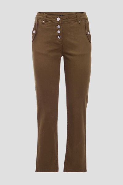 Pantalon droit boutonné vert olive femme