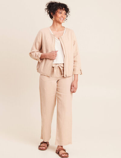 T-shirt col v manches courtes aspect lin beige femme