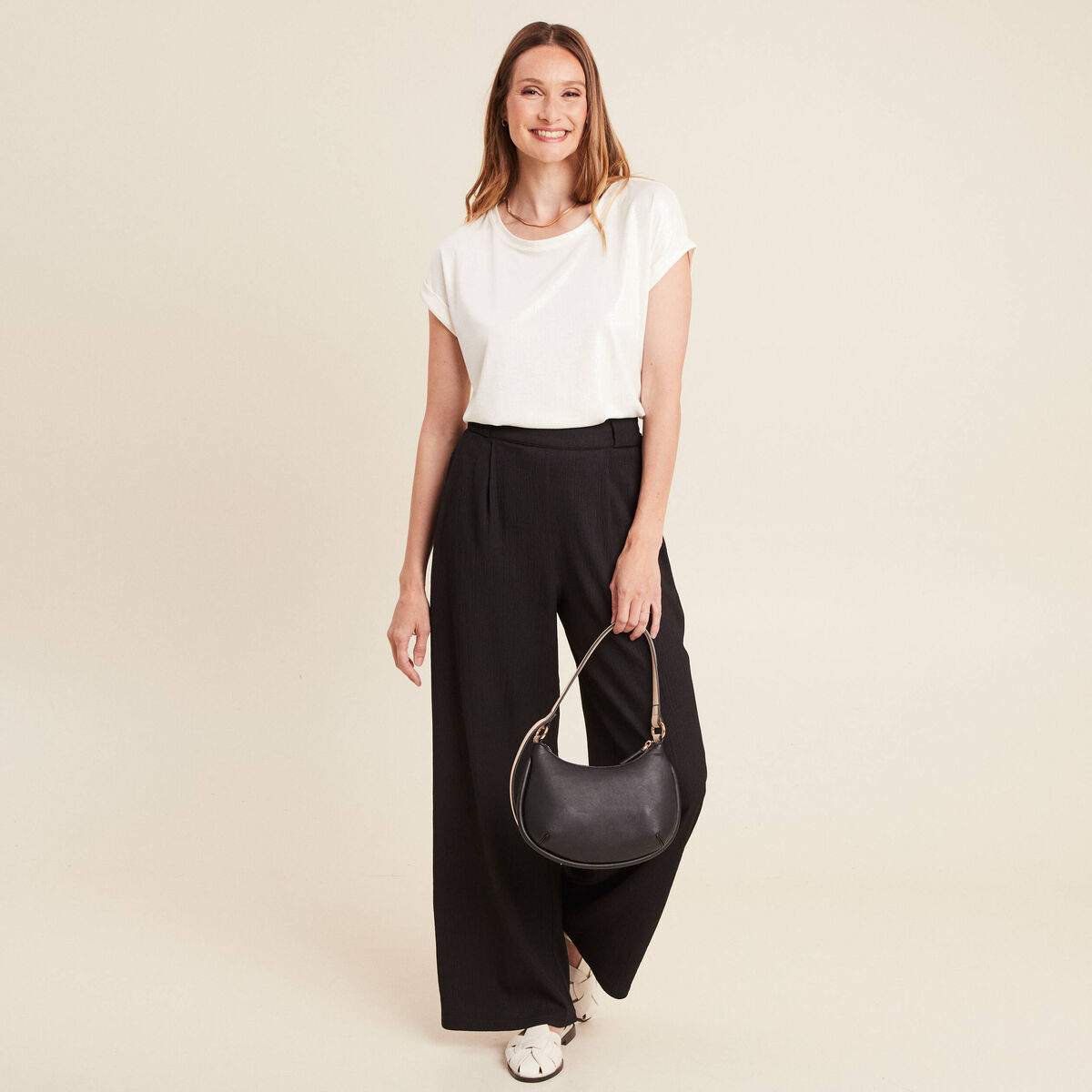 Pantalon large taille haute noir femme
