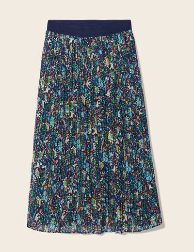Jupe longue droite plissée bleu marine femme