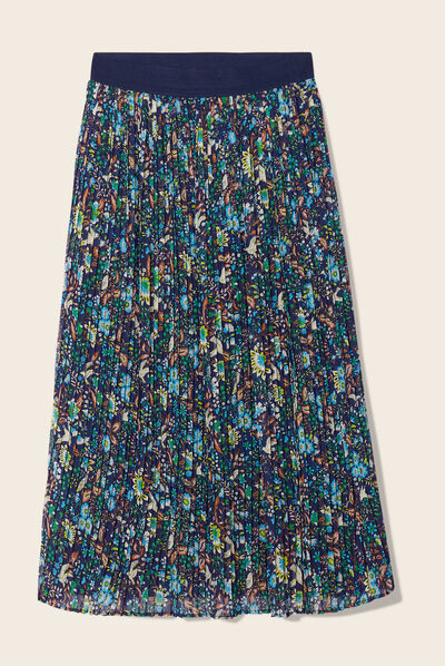 Jupe longue droite plissée bleu marine femme