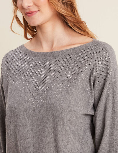 Pull manches longues strass gris clair femme