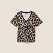 T-shirt col v manches courtes brod&eacute; marron femme