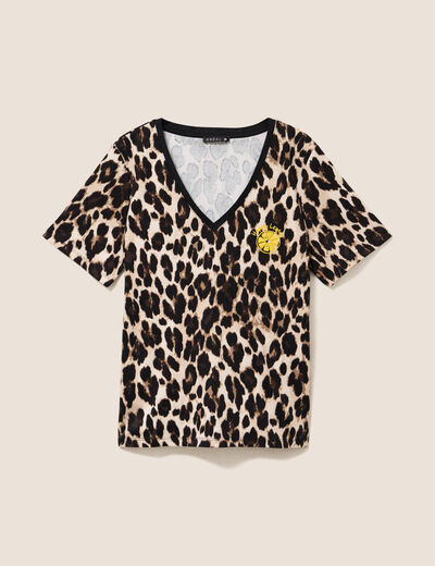 T-shirt col v manches courtes brod&eacute; marron femme