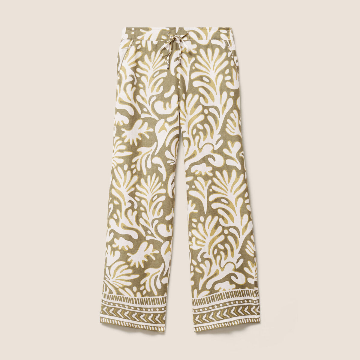 Pantalon large taille haute aspect lin vert femme