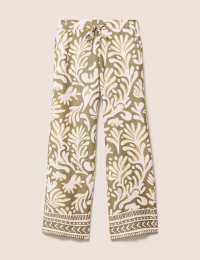 Pantalon large taille haute aspect lin vert femme