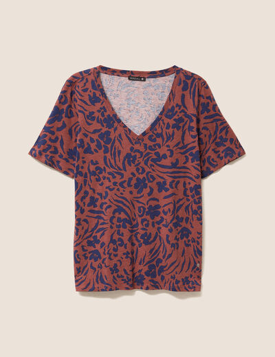 T-shirt col V manches courtes marron femme
