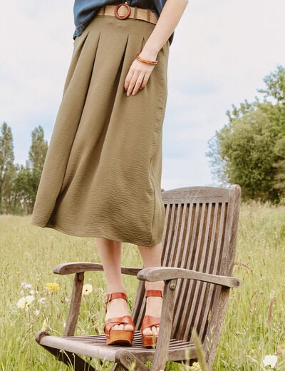 Jupe longue &eacute;vas&eacute;e ceintur&eacute;e vert kaki femme