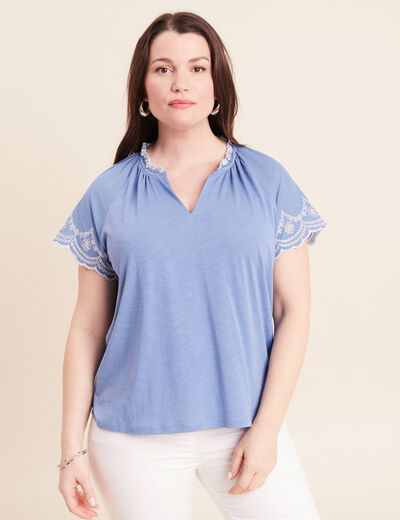 Blouse col tunisien manches courtes bleu ciel femme
