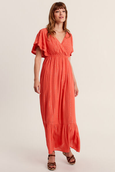 Robe longue évasée orange clair femme
