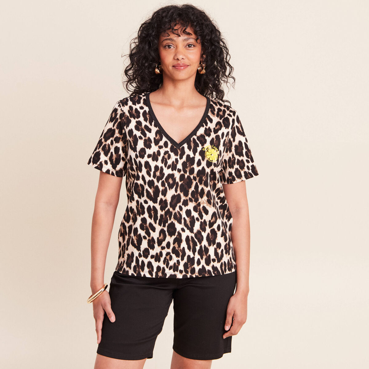 T-shirt col v manches courtes brod&eacute; marron femme