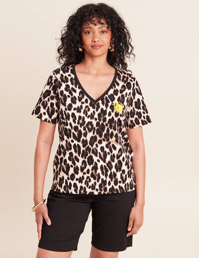 T-shirt col v manches courtes brod&eacute; marron femme