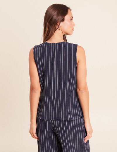 Gilet droit court sans manches col V bleu fonc&eacute; femme