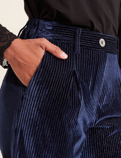 Pantalon large velours bleu foncé femme
