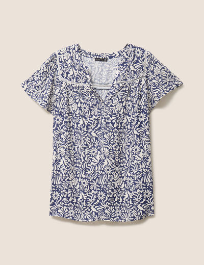Blouse fluide col V manches courtes bleu femme
