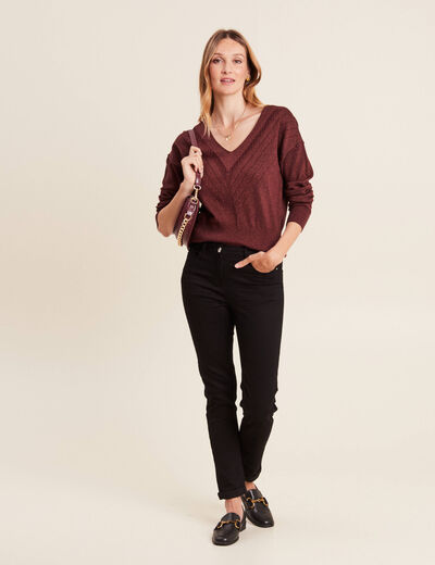 Pull manches longues col en V couleur cuivre femme