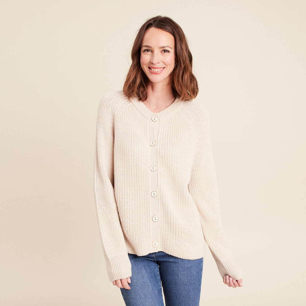 Gilet droit mi-long col rond creme femme