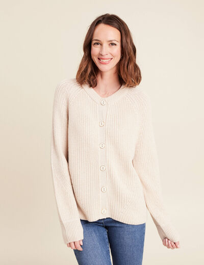 Gilet droit mi-long col rond creme femme
