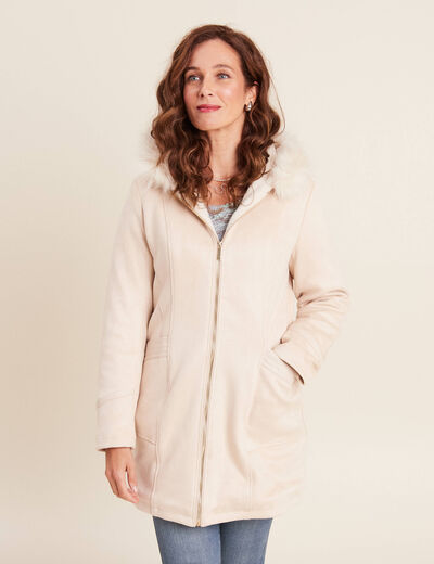 Manteau suédine à capuche creme femme