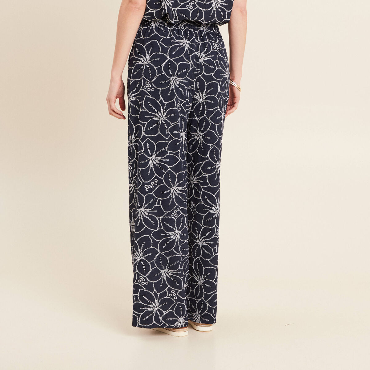 Pantalon large taille haute bleu foncé femme