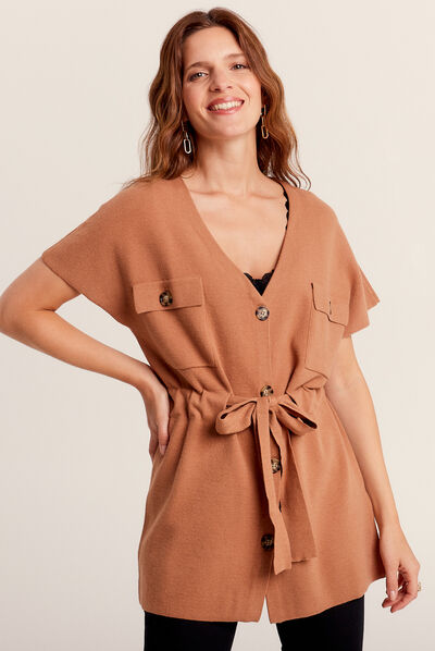 Gilet ceinturé et boutonné camel femme