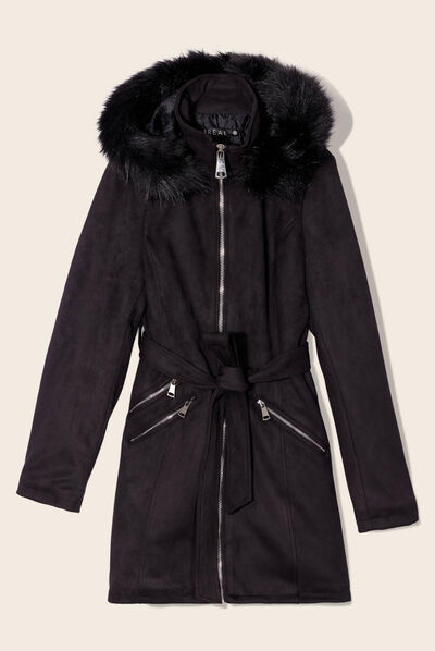Manteau cintré suédine capuche noir femme