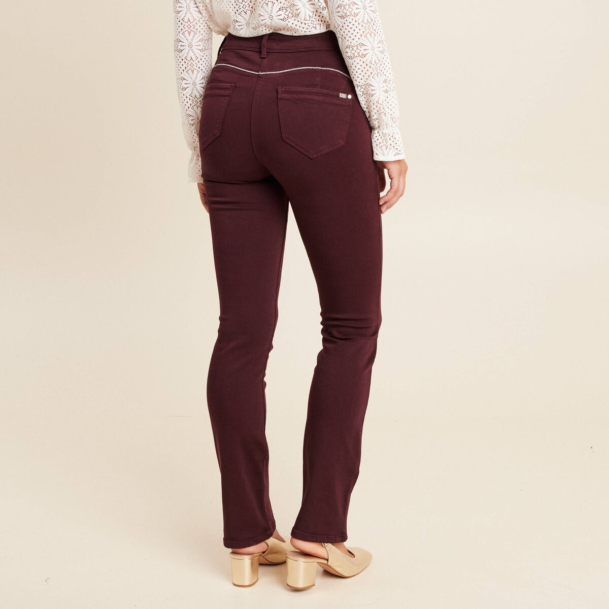 Pantalon droit taille haute bordeaux femme