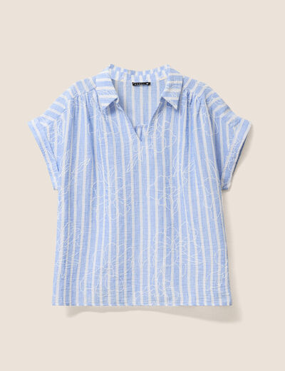 Blouse ample col chemise manches courtes bleu femme