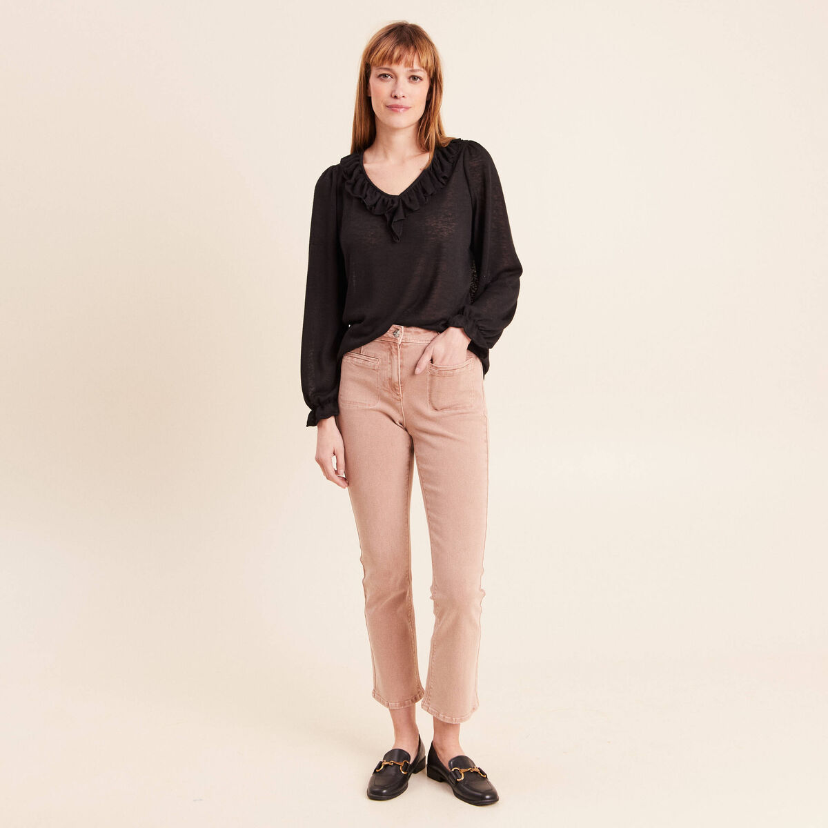 Blouse col v manches longues noir femme