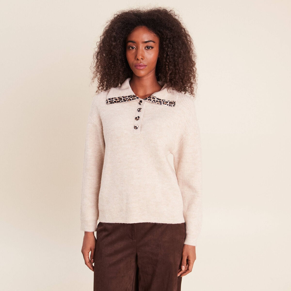 Pull droit manches longues beige femme