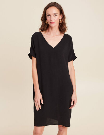 Robe droite courte col v manches coudes noir femme