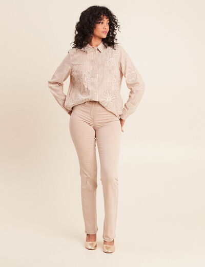 Chemise en coton brod&eacute;e manches longues marron femme