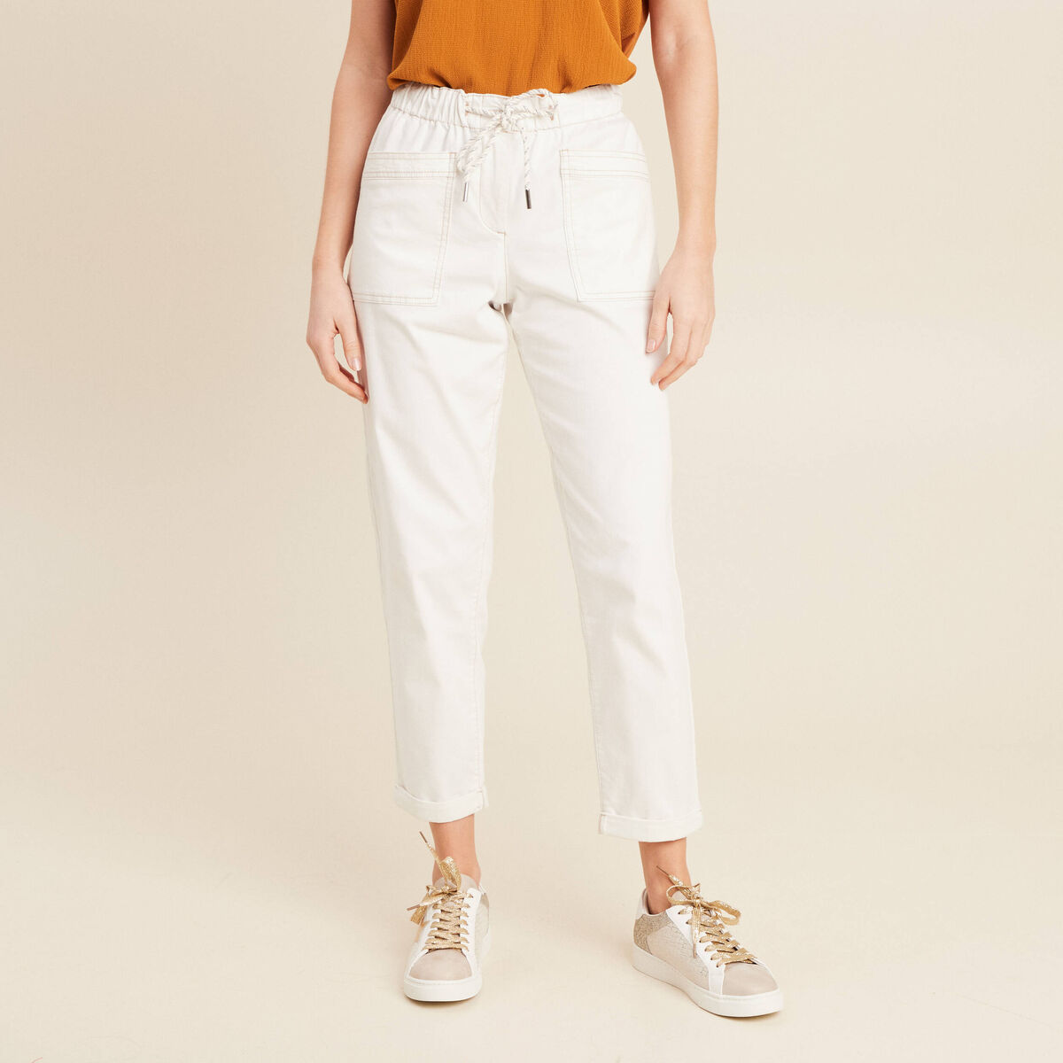 Pantalon coupe droite à coulisse blanc femme