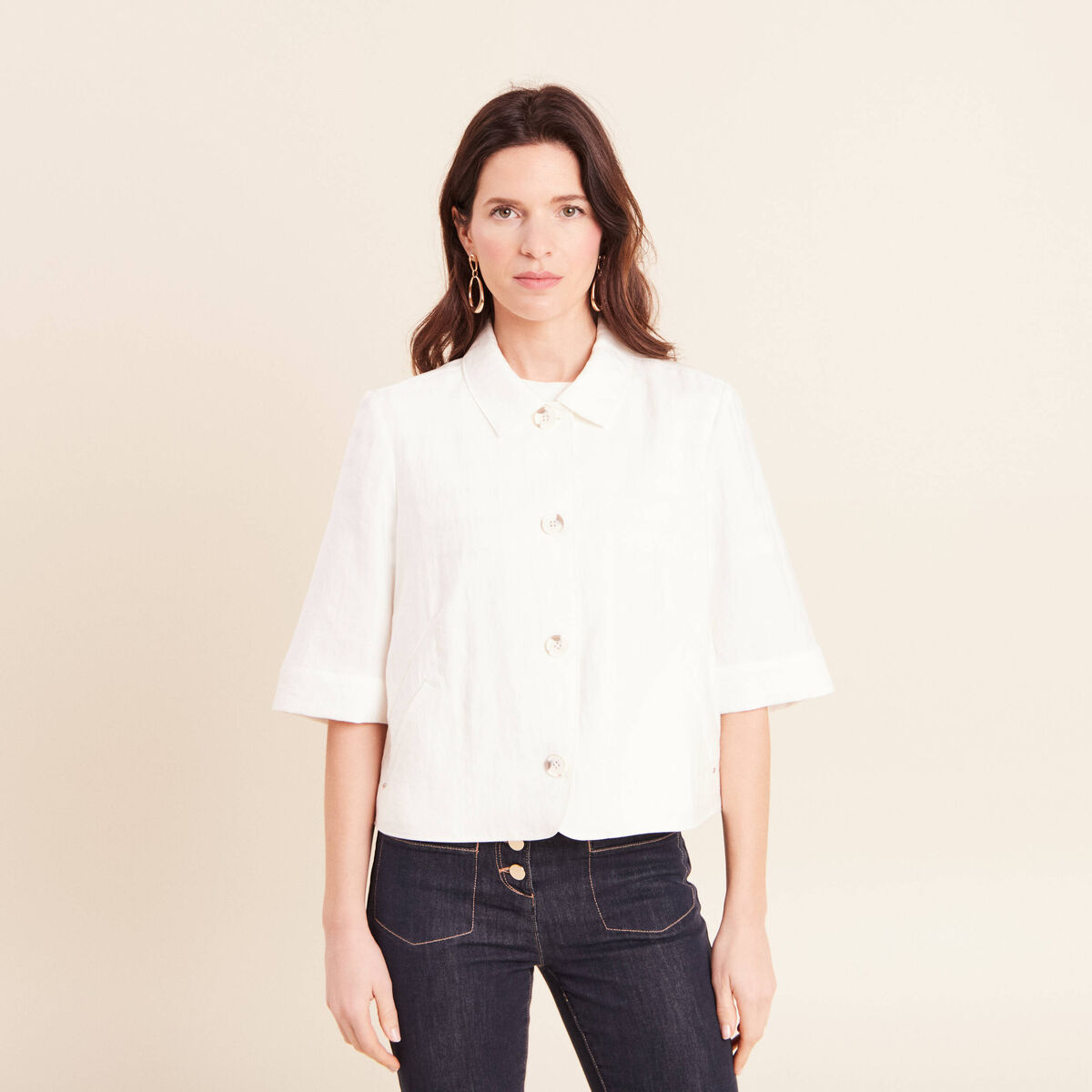 Veste droite courte manches 3/4 ecru femme