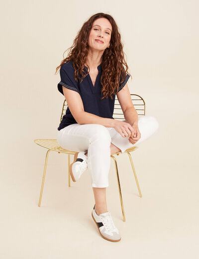 Blouse col tunisien manches courtes bleu foncé femme
