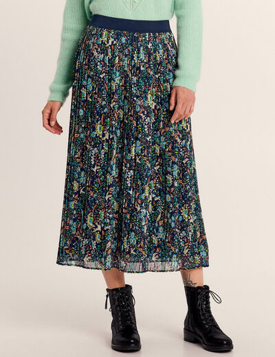 Jupe longue droite plissée bleu marine femme
